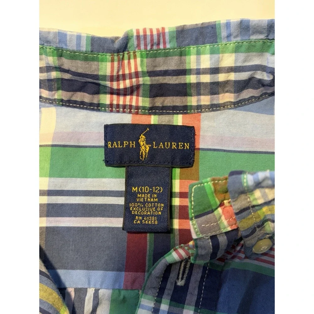 Ralph Lauren Boys Plaid Button-Down Shirt Blue Green Long Sleeve M (10-12) Logo